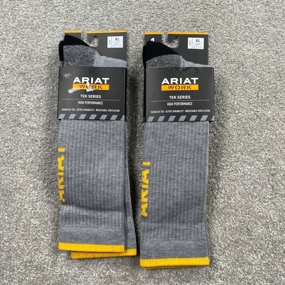 Ariat Work Tek Series Crew Socks Mens XL Grey High Performance 2 Pairs 10036519